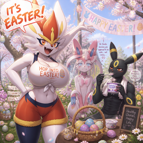 A busty well-made female Pokemon character, Cinderace. Who celebrates on today’s Easter Day and shouts its Easter! A cute but creepy male Sylveon just watches upsetting while a male Umbreon is eating a healthy yogurt. A anthropomorphic verse. Spring.