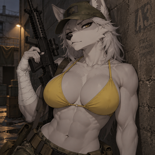  A high-quality 2D anime-style digital illustration of an anthropomorphic female wolf with an attractive, muscular physique—featuring strong biceps, a full bust, and defined abs—wearing a confident expression. She wears a weathered olive-drab military cap and a bright yellow bikini top. Her right arm is heavily wrapped in white bandages extending from the wrist to the mid-forearm, and she holds a black tactical rifle. She is leaning against a dark, textured concrete wall in a dimly lit urban setting. The composition is a half-body shot, focusing on her torso and face. The lighting is dramatic and directional, casting soft shadows and highlighting the contours of her silhouette. The color palette is dominated by muted earth tones, contrasting sharply with her white fur and the vibrant yellow of her swimwear. The atmosphere is rugged yet serene.