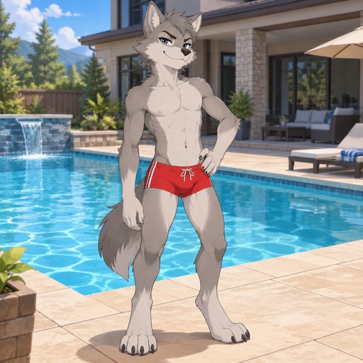 A middle school aged male grey dire wolf wearing tight bright red swim trunks, no shirt showing of abs. Standing in front of a swimming pool at his house with a smug smirk on his face. Anime art style, solo, full body.
