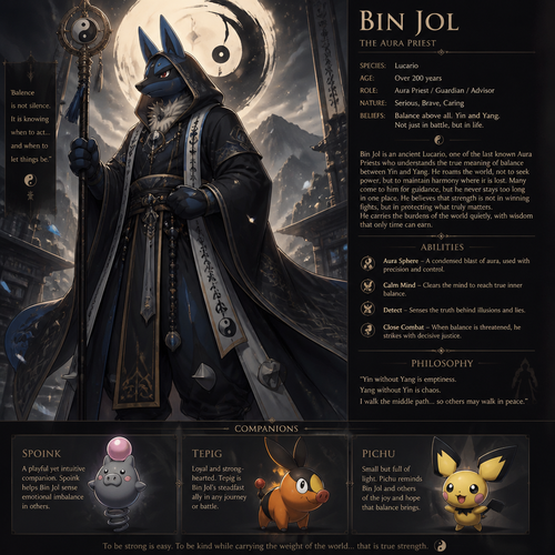 A well-made Pokemon male character, Lucario. A priest knows the balances both yin and yang not just religion. In anthro verse. Big and tall also very old but still tough. Wears a robe and a hoodie. So serious and mature. So brave and caring. In a name of aura. Name Bin Jol. Old but still powerful and has responsibility. Takes time. Has a three companions as friends, Spoink, Tepig, and Pichu.