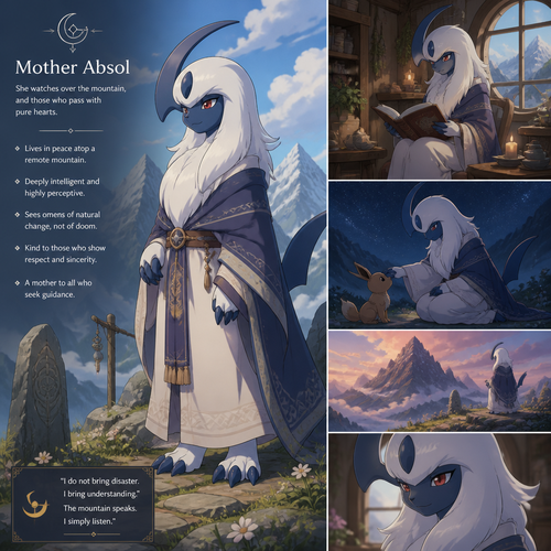 A big mommy Absol character. Means no harm. All calming and intelligent. Lives in a mountain alone. Wears cloth clothing. Well-made animated version.