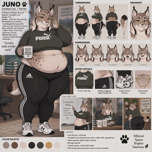 A very plump female anthropomorphic Canadian Lynx named Juno, has cheek ruffs and ear tufts like a normal lynx, is wearing a Puma brand long sleeve crop top and black Adidas leggings with a tight waistband thats makes her gut spill over the waistband, wears under armor trainers, brand, wears glasses, her glasses are gold aviator frames, is a biology teacher, is in a room alone, animated version, reference sheet, one big picture