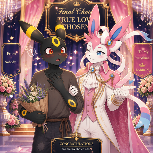 In a dating reality show (a well-made animated version) a non-rich grown Umbreon male is surprisingly unbelievably been accepted to become a boyfriend to this super rich grown Sylveon male as a Barron for not understanding why. In an anthropomorphic universe. Never asks but been gifted. A good ending. Front view.