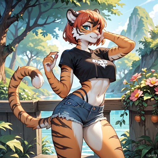 Female anthro tiger wearing a crop top and mini shorts