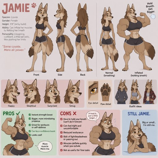 A lanky female anthropomorphic coyote named Jamie who can inflate her muscles by holding her breath, shows pros and cons of inflatable muscles, eference sheet, animated style