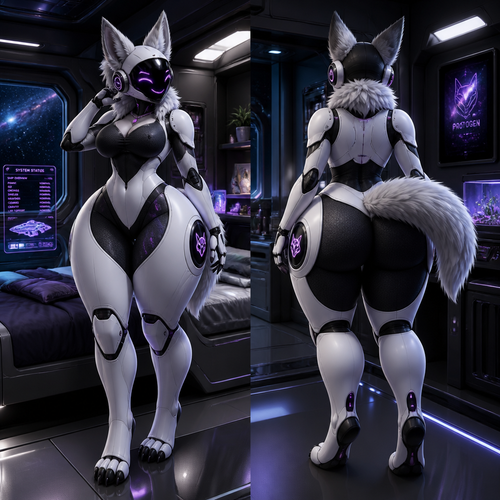 A well-made adult female Protogen that has thick thighs, wide hips, and has a good looking body in a space ship where she lives alone in space.  (A good and back view)
