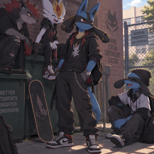 A high school aged male Lucario dressed as an American bad boy with gold piercings on his ear and aura feelers. He is hanging out with some friends behind the school. Anime art style, full body.