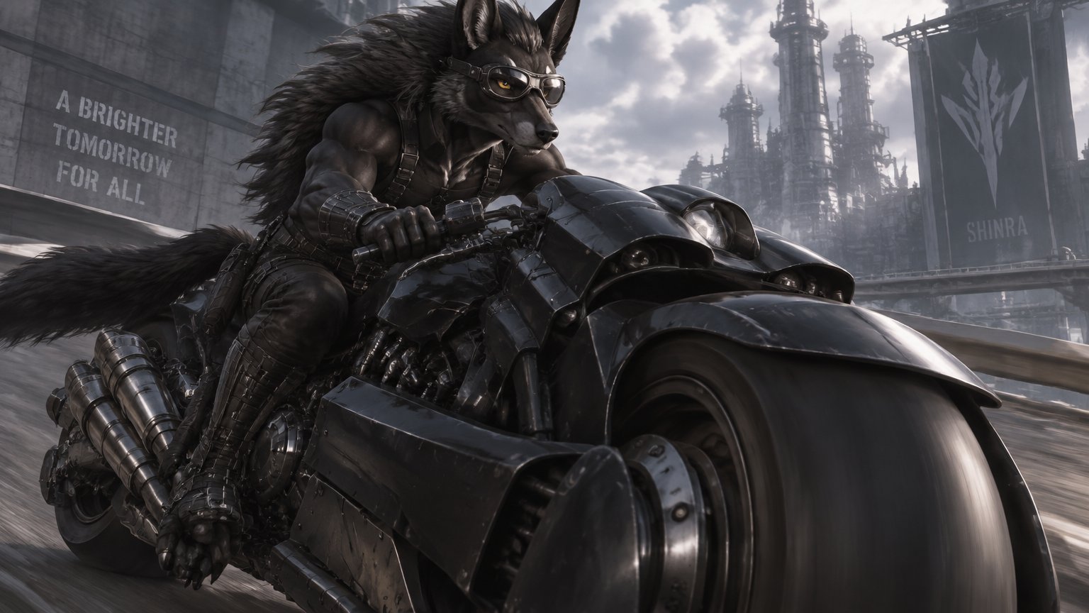 male, maned wolf, black fur, digitigrade feet, gold eyes, final fantasy advent children motorcycle, riding motorcycle, muscular, wearing goggles on eyes