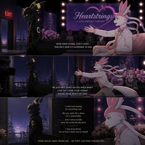 In a well-made anthro Pokemon universe, an non-rich grown brave male half gothic Umbreon named Noir refuses to accept the sham date with a grown richest male Sylveon (the spoiled careless Barron named Lysander) on a live dating fantasy show (in modern life) and decided to leave while being begged not to leave because love isn’t here. A well-made animated version. A sad but a good truthful ending. Side view.