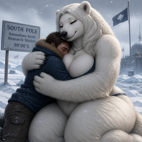 A busty well-made lovely anthro female polar bear that has thick thighs and thick fur who lives in a South Pole. Picks up a man and Giving him a gentle bear hug for warmth.