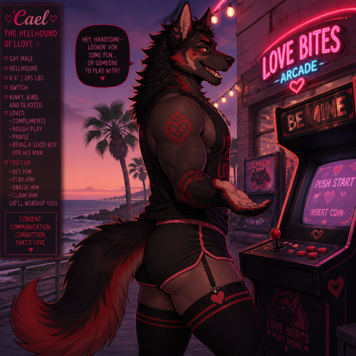 A well-made grownup anthropomorphic Hellhound of love male homosexual character. An animated version view. Has thigh highs and buttocks. Bushy tail on a tailbone. At the arcade outside coast. Wears shorts and tank top also a necklace. Being friendly and welcoming. Being kinky/kind in a friendly way. Being a good Hellhound. Side view. 
