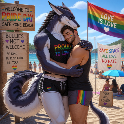 A well-made homosexual gay Sergal (male character) that wears tank-top and shorts that also has thick thighs and long tail is hugging a man on pride day where no any bully that bullies are not welcomed on a safe zone of a beach.