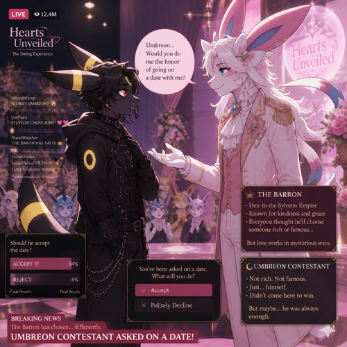 In a dating reality show on live (a well-made animated version) a non-rich half gothic grown Umbreon male is surprisingly unbelievably been accepted to become a boyfriend to this super rich kind grown Sylveon male (the Barron) for not understanding why that doesn’t mind to lose and leave. In an anthropomorphic Pokemon universe. Never asks and want to be there but been gifted. A good ending. Side view. All well-made characters. A modern present day. Been asked on a date. Decides wisely to accept or reject.