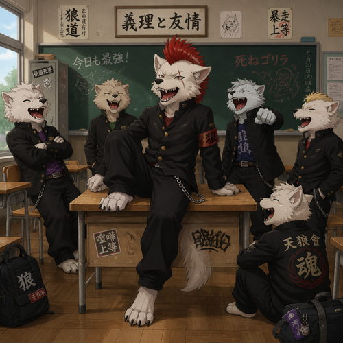 A elementary school aged delinquent white male dire wolf wearing a gakuran with a crimson spiked mohawk. He is sitting on a desk in the classroom surrounded by his friends laughing at a crude joke. Anime style, full body.