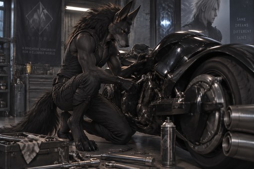 male, maned wolf, black fur, digitigrade feet, gold eyes, final fantasy advent children motorcycle, working on motorcycle