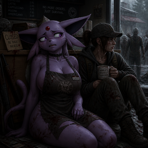 A scared grown busty female Espeon that wears a apron and used to overworked inside of a coffee shop but now a survivor despite the fresh start of a outbreak of zombies, sitting next to a survivor on a floor, acting all hopeless and tired.