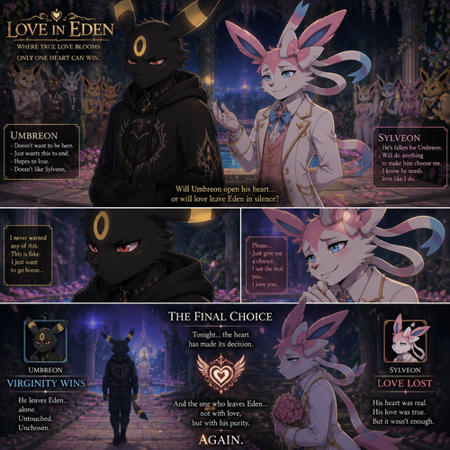 In a dating live show at the garden of Eden (a well-made animated version) a grown non-rich anthro Umbreon male that wears a gothic hoodie that is unhappy and doesn’t want to be there and wanted to lose and Don’t like this super rich grown anthro Sylveon male that wears some elegant clothes who likes him. In a well-made anthropomorphic Pokemon universe. A bad/sad ending of a show and the virginity wins again.