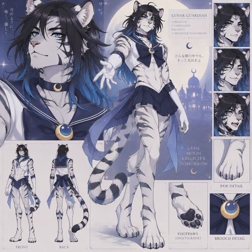male white tiger anthro, black hair to the shoulders with blue tips, blue eyes, digitigrade footpaws, slim, sailor moon style
