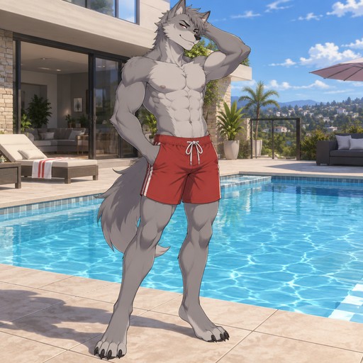 A high school aged male grey dire wolf wearing red swim trunks, no shirt showing of abs. Standing in front of a swimming pool at his house with a smug smirk on his face. Anime art style, solo, full body.