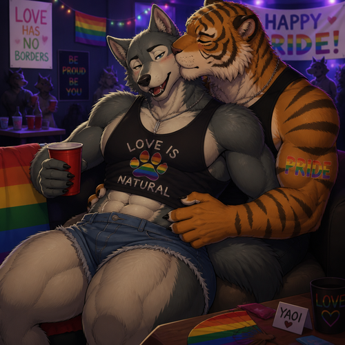 Legoshi the grown Wolf is celebrating at today’s pride month at the college party. Has thick thighs and big butt. Wears shorts and a necklace. Being cuddled by Bill the tiger. Getting some kisses in a cheek. Yaoi.