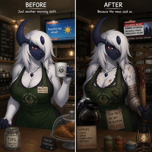 A busty female anthro Absol, working at a coffee shop with an apron on before, and then after the zombie outbreak had started because the today’s live news says so.