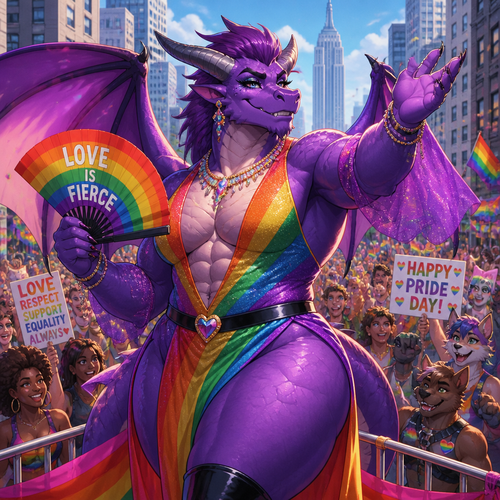 A beautiful adult anthro Dragon male as a drag queen with thick thighs and makeup on today’s pride day in a city parade. So friendly and supportive. Animated verse. Humans and anthros.