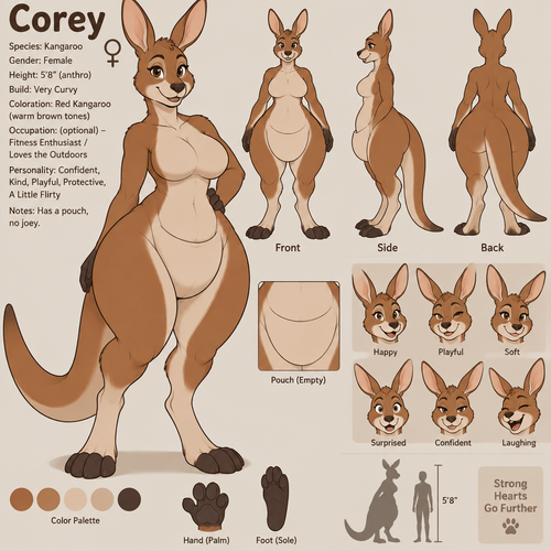 A very curvy female anthropomorphic kangaroo named Corey, has a pouch, doesn’t have a kid, animated version, reference sheet 