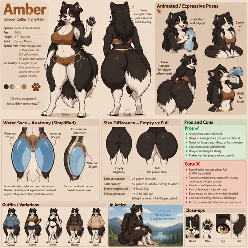 A curvy female anthropomorphic border collie named Amber that has special water sacs in her thighs and rear, the sacs are basically just water storage, can hold a total of 50 gallons (25 per sac), reference sheet, animated version, show pros and cons, show the size difference between full and empty 