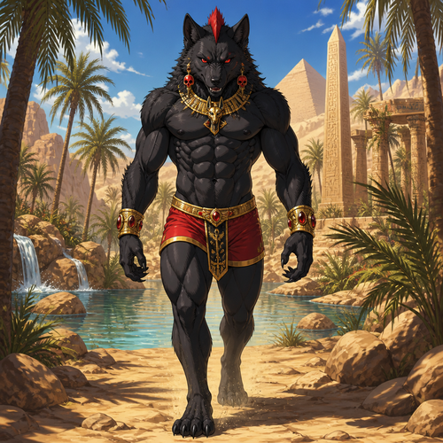 A male black dire wolf wearing Egyptian inspired red short shorts, shirtless showing off 16 pack of abs, gold bracelets with ruby gemstones inlaid in them, gold choker with a Anubis design on it, ruby earrings that look like skulls, and short red mohawk. He is aggressively walking through a Oasis located in the desert. Anime art style, solo, full body.