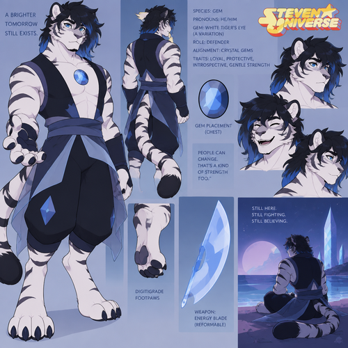 Male, anthro white tiger, digitigrade footpaws, thick black hair with blue tips, blue eyes, Steven Universe, gem
