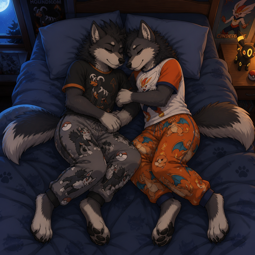 Young twin male dire wolfs sleeping on a bed cuddling together. One dire wolf is wearing mightyena theme pajama pants and a houndoom theme shirt. The other dire wolf is wearing Charizard theme pajama pants and Cinderace theme shirt. Anime art style. Full body