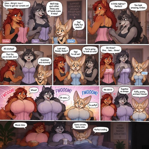 A multi party comic about a female anthropomorphic named Ember, a female anthropomorphic wolf named Juno, and a female anthropomorphic fennec named Radar. First they help each other put on a corsets, after that they pull ripcords on the corsets that make them really puffy on the outside, it ends with them on the couch watching a movie, animated style