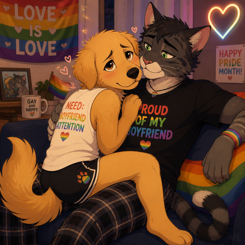In a anthro universe, A homosexual male golden retriever with floppy ears who sits on a male cat’s leg while giving a needy look. Both boyfriends. Today’s pride month. Animated version.