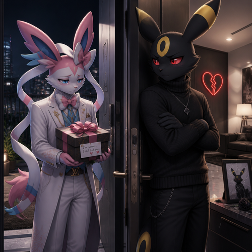 A sad rich male Sylveon, who came to see and offering a gift with a bow on it for apology, Still loves his male Umbreon that wears black sweater standing on a front door inside of his modern house very unhappy to see and still has a broken heart. In the anthropomorphic universe (well-made).