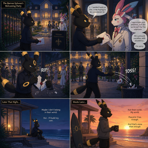 A non-rich grown Umbreon male reject and ripped the envelope and toss it to a trash can of a billionaire Sulveon’s (the Barron) welcoming party at the gardening city mansion at home. Lives on a small modern house at the beach. Well-made animated version. A sad/good ending. A anthropomorphic verse. Side view.
