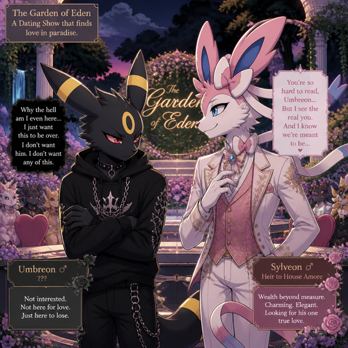 In a dating live show at the garden of Eden (a well-made animated version) a grown non-rich anthro Umbreon male that wears a gothic hoodie that is unhappy and doesn’t want to be there and wanted to lose and Don’t like this super rich grown anthro Sylveon male that wears some elegant clothes who likes him. In a well-made anthropomorphic Pokemon universe.