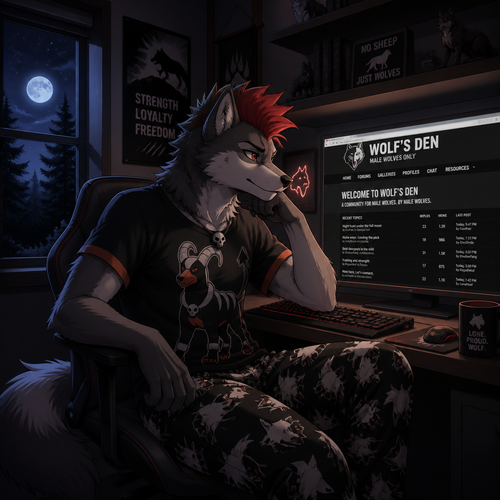 A young male dire wolf wearing mightyena theme pajama pants and houndoom theme shirt, has a red mohawk hairstyle. Sitting at a computer desk browsing a male wolves only website. Next to the desk built into the wall is a window showing its nighttime outside. Anime art style.