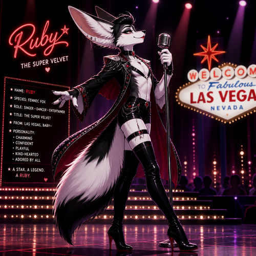 A well-made Black/white furred fennec Fox male named Ruby, wears something attractive for entertainment for a show by self to dance/sing. Wears eyeliner and lipstick. Has a bushy tail. A grown femboy anthro. A star in Las Vegas. Well groomed. Side view. Animated verse. Has good personality. Being a super velvet.