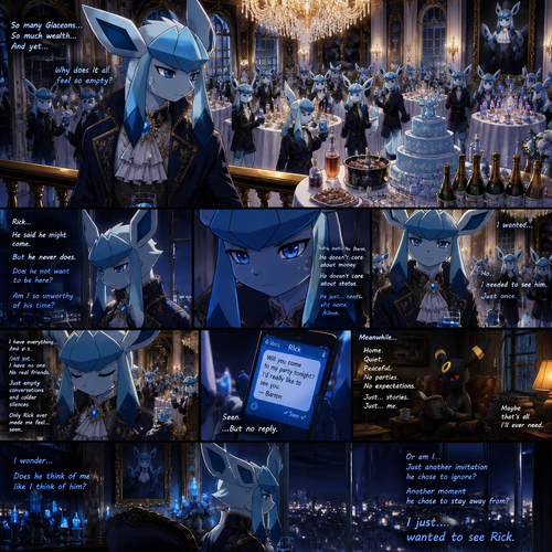 A very wealthy Glaceon (the male Barron) that wonders about a non-rich grown Umbreon male character (named Rick) who’s not coming and stayed at home reading while not around in his welcoming party. There were cakes and snacks also booze on each table. A well-animated version. All Glaceons. Inside the mansion. Has no real friends. Deep grief and loneliness. Wanted to see Rick.