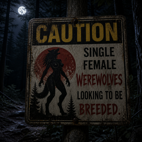 In a forest at night, a warning sign says; caution, single female Werewolves, looking to be breeded.