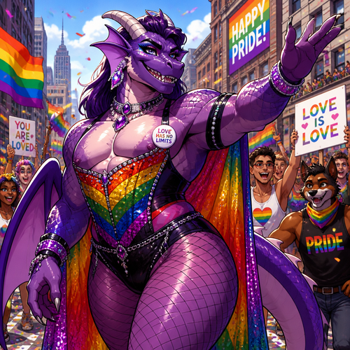 A beautiful adult anthro Dragon male as a drag queen with thick thighs and makeup on today’s pride day in a city parade. So friendly and supportive. Animated verse. Humans and anthros.