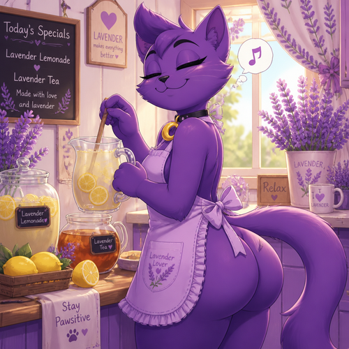 Catnap (a well-made anthropomorphic male character) a leader’s soulmate and a pure soul of a smiling critters, perhaps a boyfriend. Wears an apron while making lemonade and tea drinks. Loves lavender. Poppy red smoke free. Has eyeliner and a big round buttocks. Humming while eyes closed. Happy and feeling relaxed.