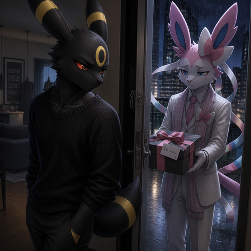 An unhappy well-made Pokemon adult male character, Umbreon that wears a black sweater, wasn’t rich but lives in a modern life. standing inside of his house with a door open, sees an adult billionaire male Sylveon standing outside, and a sad look who’s offering a gift with ribbons on it for an apology. A anthropomorphic verse. Despite the drama and feelings torn.