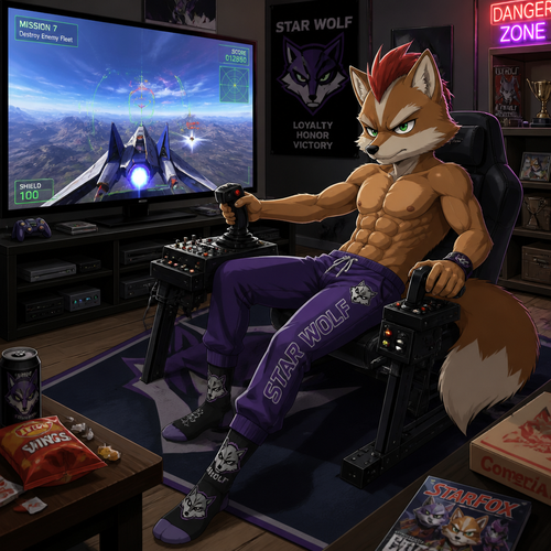 A middle school aged delinquent Fox McCloud wearing tight purple Star Wolf sweatpants, shirtless showing 16 pack of abs, red mohawk, and Wolf O’Donnell themed socks. Playing a flight simulator game on a 75 inch tv in a game room with realistic flight controls. Anime art style, solo, full body.