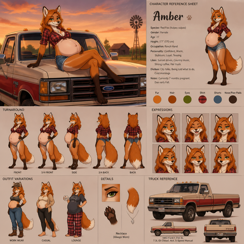 A beautiful pregnant female anthropomorphic fox lounging on the hood of a 1992 Ford F-250 pickup truck, reference sheet, animated version