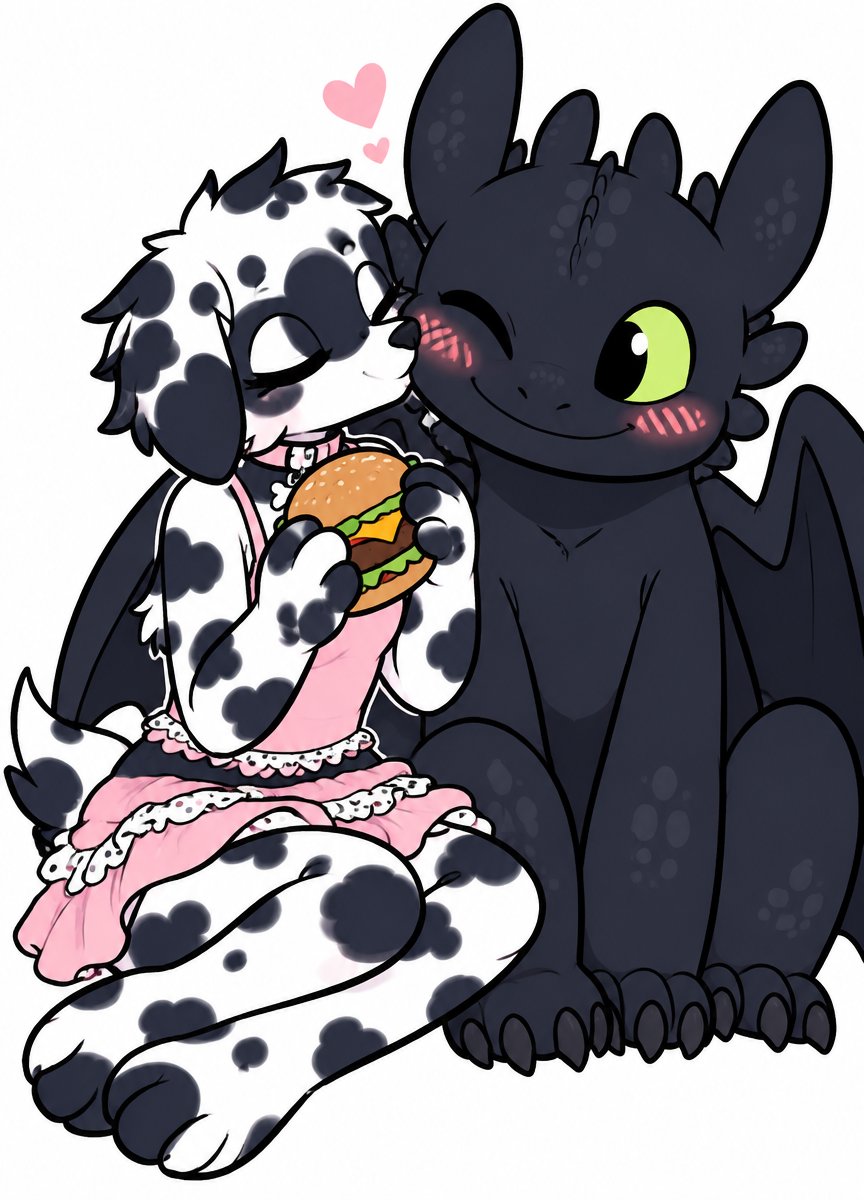 Cartoon spotted dog cuddles a dark dragon while holding a sandwich.