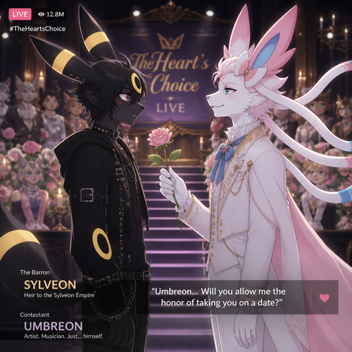 In a dating reality show on live (a well-made animated version) a non-rich half gothic grown Umbreon male is surprisingly unbelievably been accepted to become a boyfriend to this super rich kind grown Sylveon male (the Barron) for not understanding why that doesn’t mind to lose and leave. In an anthropomorphic Pokemon universe. Never asks and want to be there but been gifted. A good ending. Side view. All well-made characters. A modern present day. Been asked on a date.