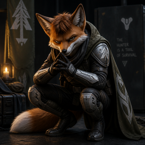 A young male fox squatting and scheming. Wearing Hunter armor from Destiny 2.