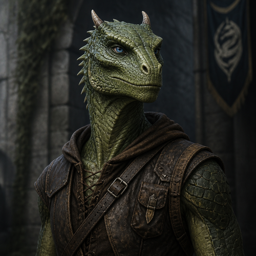 Portrait of a male reptilian lizard (argonian), thin and muscular body, green scales, blue eyes, two short horn in head, long and square muzzle, wearing a medieval adventurer clothes.