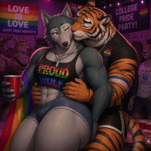 Legoshi the grown Wolf is celebrating at today’s pride month at the college party. Has thick thighs and big butt. Wears shorts and a necklace. Being cuddled by Bill the tiger. Getting some kisses in a cheek. Yaoi.